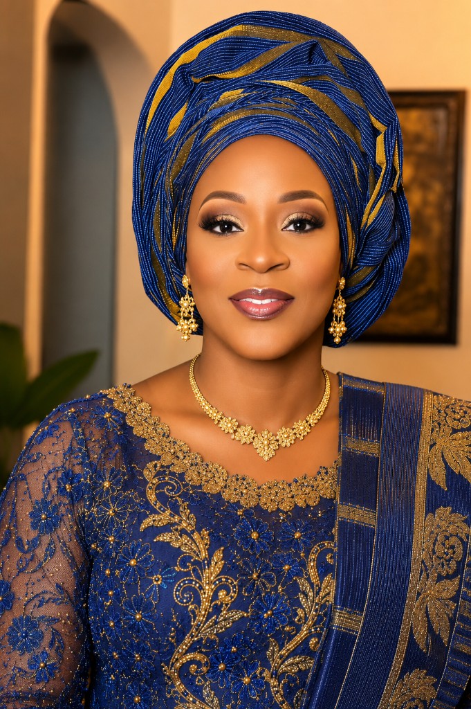 Royal blue and gold gele bridal glam